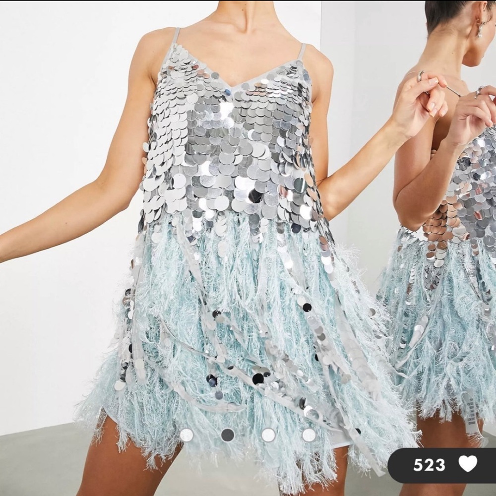 COPY - ASOS Editon paillette sequin mini dress with feather hem in silver and b…